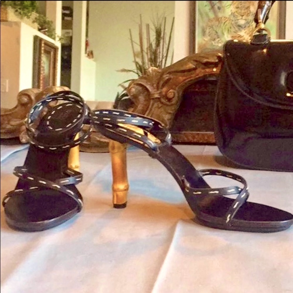 Rare Gucci Tom Ford bamboo heel black white stitch wrap around ankle heels. - Picture 3 of 13